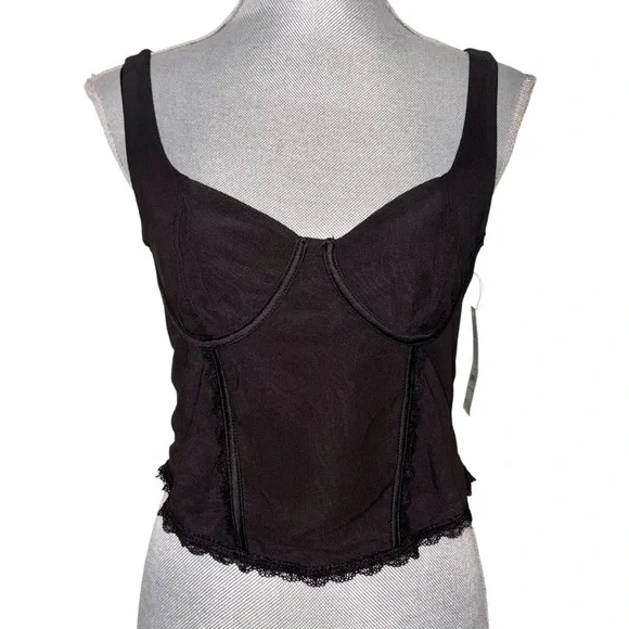 No Boundaries Black Corset-Style Tank Top with Lace Trim - Picture 1 of 11